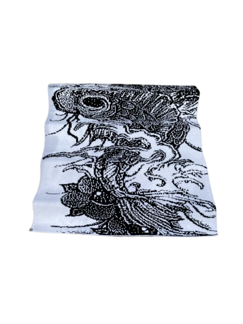 Double knit black Koi throw named Calen's Koi swimming gracefully against a pristine white background.