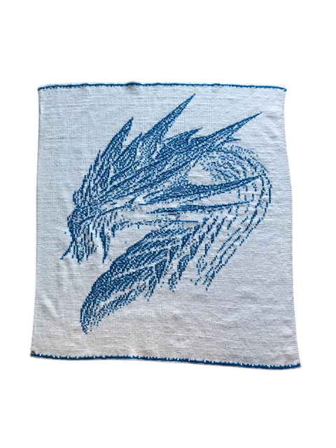 Dragon Throw, double-knit, Blue and White, back